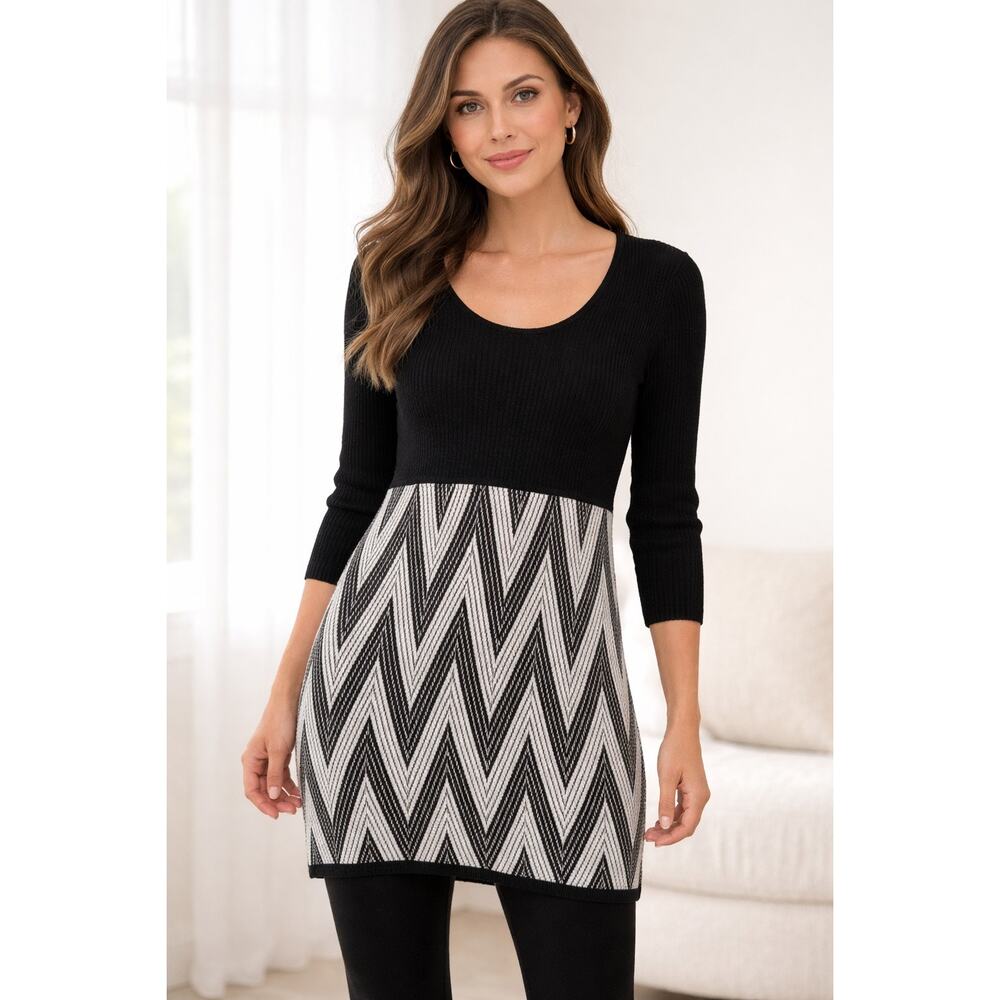 Vintage Black Chevron Sweater Dress Women’s Size Large Long Sleeve Knit